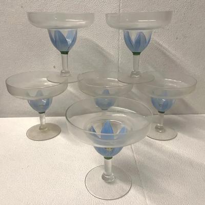 Vintage Handpainted Blue Tulip Dessert / Margarita Stemmed Glasses, 6 Pcs
