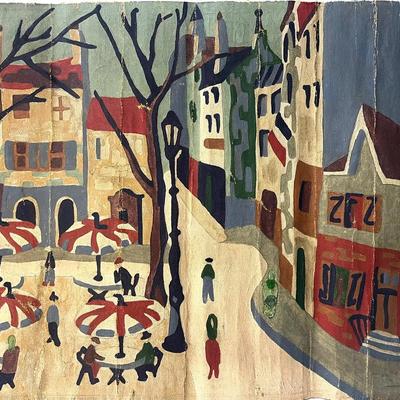 Folk Art Painting On Canvas, European Al Fresco Cafe - Unsigned and Unframed - Vintage