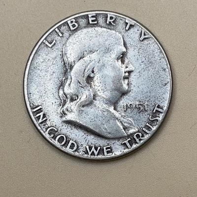 1951 Benjamin Franklin Half Dollar Coin 0.40oz 90% Silver - Good Condition