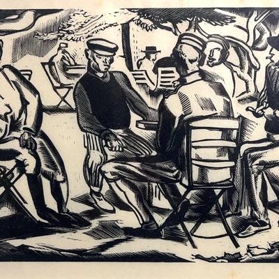 Art Nouveau “Conversation”, Hermann-Paul Framed Woodcut Print of an Etching c1925 Antique