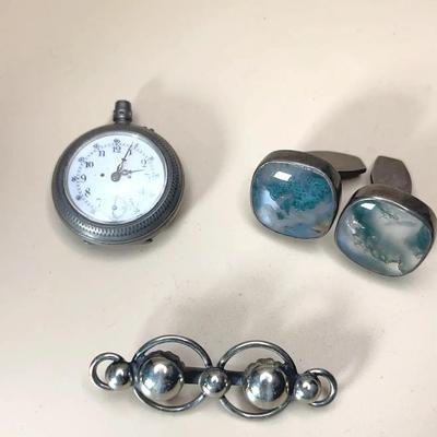 Antique Pocket Watch, Moss Agate Silver Cufflinks, Vintage Silver Pin