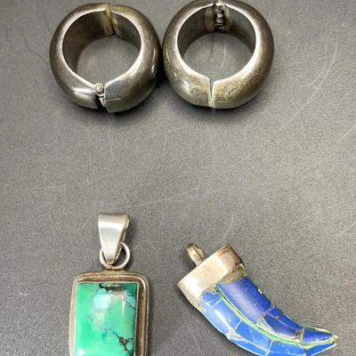 925 Silver Taxco Hoop Clip-on Earrings, 925 Turquiose Pendant, Tibetan Lapis Lazuli Horn Pendant