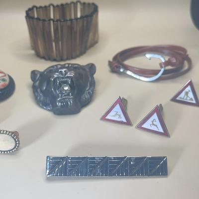 Firenze 925 Sterling Silver Cylinder Cuff 2.45oz, Swank Sterling Silver Tie Clip, Miansai Leather 