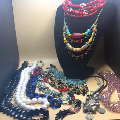 Murano Red Glass, Blue Glass, Pink Glass, Metal Beads, Bohemian Glass Bead Necklaces - Large Lot