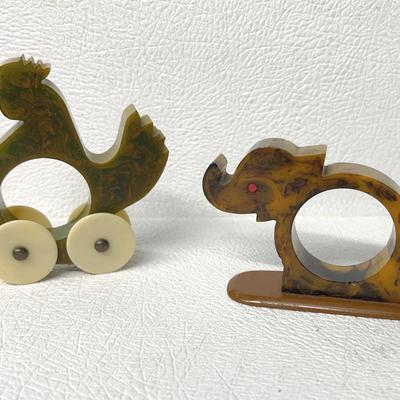 Bakelite Elephant Figural Napkin Ring and Bakelite Rooster Figural Toy on Wheels