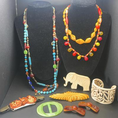 Bakelite, Early Plastic, Vintage Bead Bohemian Necklaces, Shoe Clips, Cuff 