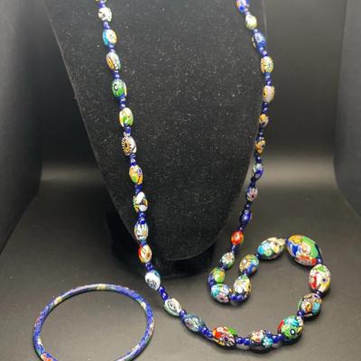 Murano Venetian Millefiori Glass Bead Necklace and Chinoiserie Cloisonne Bangle