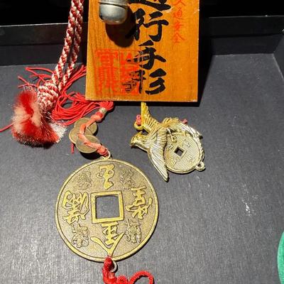 Asian Good Luck Charm Lot – Feng Shui Coins, Bird Talisman & Japanese Travel Amulet 