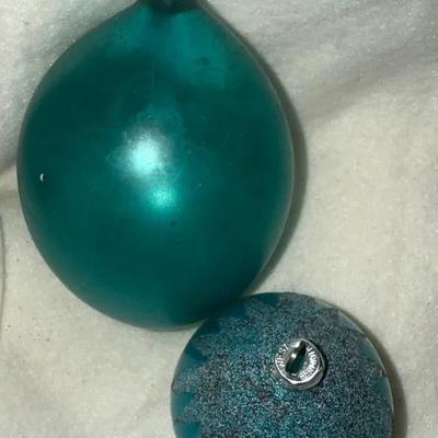 Pair of Vintage 1950s German Glass Ornaments – West Germany Glitter Ball & Teal Onion Drop