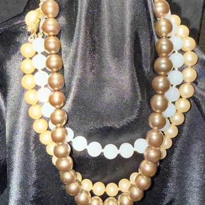 Vintage Faux Pearl Necklace Lot – Multi-Strand Statement Pieces – Bronze, Cream & Peach Tones