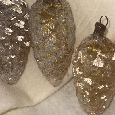 Set of 3 Vintage Mercury Glass Pinecone Ornaments – Icy Glittered Finish – Antique Silver/Gold Winte