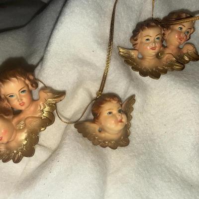 Set of 6 Vintage Baroque Cherub Angel Ornaments – Single & Double Putti – Gold Wings – Christmas Dec