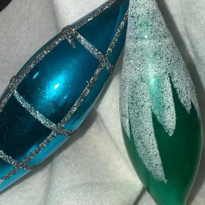 Pair of Mid-Century West German Teardrop Ornaments – Aqua Glitter Grid & Green Snow Drip