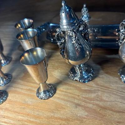 Wallace Baroque Silverplate Collection – Lot of 9 – Butter Dish, Salt & Pepper, 6 Cordials – Vintage