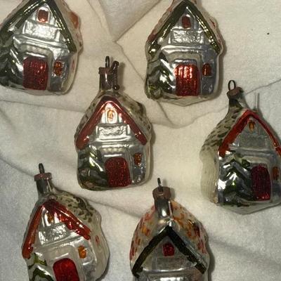 1950s Lauscha German Glass Christmas House Ornaments – Set of 6 Snowy Cottages with Original Caps