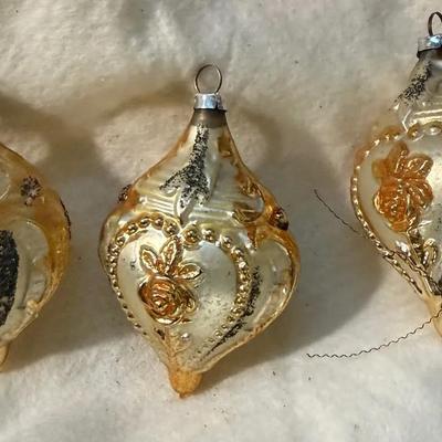 Vintage West Germany Rose Motif Mercury Glass Ornament – Embossed Floral Design, Gold Lacquer, 1950s