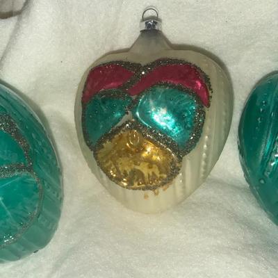 Set of 3 Vintage West Germany Glass Ornaments – Teal & Multicolor Embossed Heart/Drop Shapes (1950s–