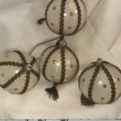 West Germany Glass Christmas Ornaments Set (4) – White Gold Trim, Tassels, Mid-Century Hand Decorate