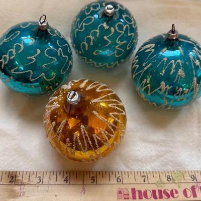 Set of 4 Vintage West Germany Glass Ornaments – Aqua & Gold Sparkle