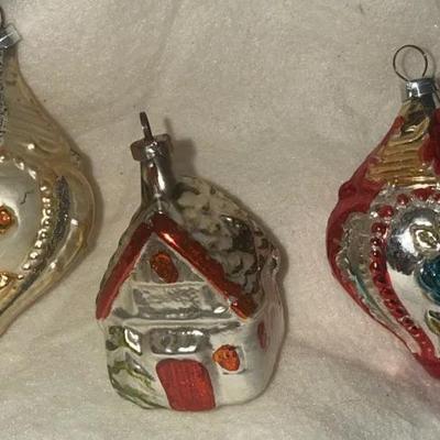 Lot of 3 Vintage Hand-Blown Glass Ornaments – Poland/West Germany – Cottage House & Embossed Drops (