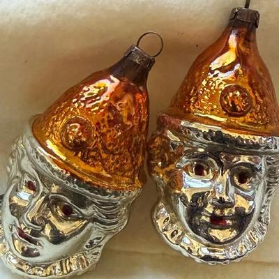 Pair of Vintage German Pressed Glass Face Ornaments – Silvered Faces & Copper Hats
