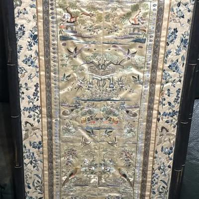Large Antique Chinese Hand-Embroidered Silk Landscape Panel in Bamboo-Style Frame