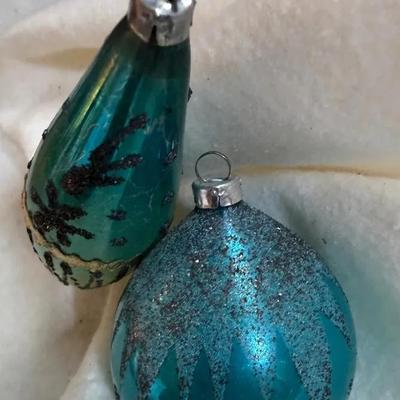 Vintage Hand-Blown Teal Glass Ornaments – Mid-Century Teardrop & Round Drop Pair