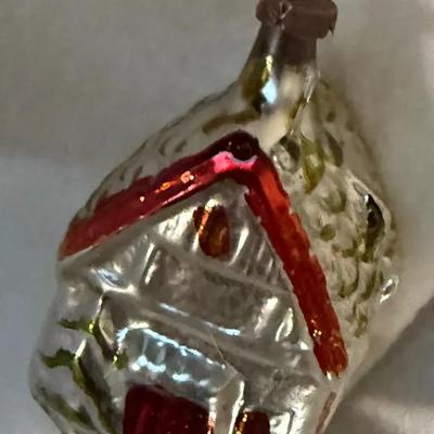 Vintage Blown-Glass Cottage Ornament – Silver, Red & Green, Mid-Century European 
