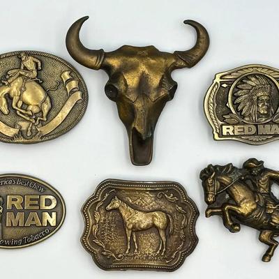 Brass/Bronze Finish Western Belt Buckles: Horses & Red Man Tobacco - Lot M