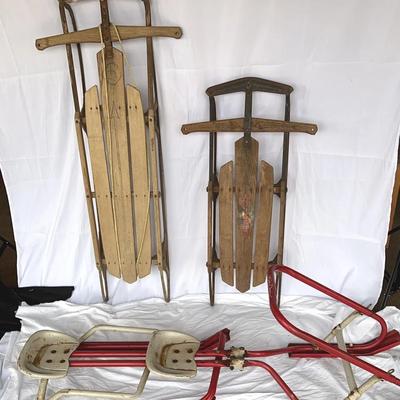 Lot of 3 Vintage Sleds – Flexible Flyer, Ski-Daddle Metal, & Wooden Sled Collection