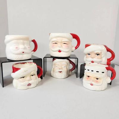 Lot of 6 Mid-Century Ceramic Santa Face Mugs, Made in Japan