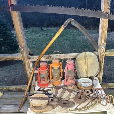 Large Primitive Barn & Tool Lot – Lanterns, Crosscut Saw, Pulleys, Hooks, Scale, Ice Tongs & More