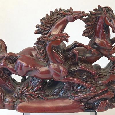 Carved Red Resin-like Galloping Horses Sculpture 