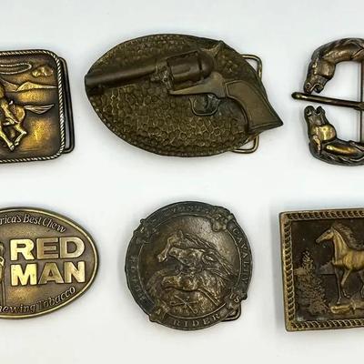 Brass/Bronze Western Belt Buckles: Horses, Pistol, Red Man & Rough Rider - Lot J