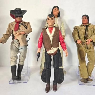 4 Vintage 1970s Western Action Figures – Lone Ranger, Tonto, Billy the Kid (Durham), & Marx Geronimo