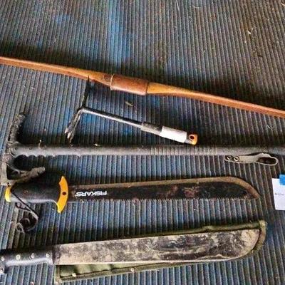 Outdoor Survival / Hunting Tool Lot – Longbow, Machete w/ Sheath, Pole Saw & More