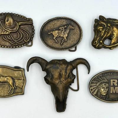 Brass/Bronze Western Belt Buckles: Horses, Cowboy Hat & Red Man Tobacco - Lot L