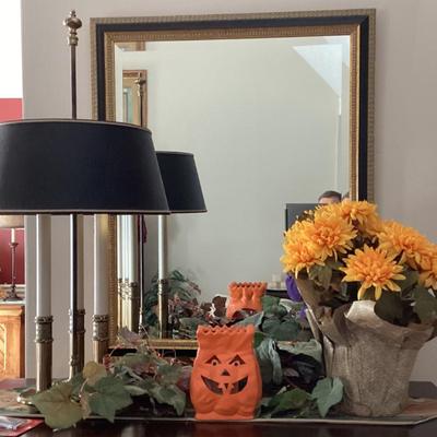 Sale Photo Thumbnail #184: Wall mirror with gold trim table lamp jack o lantern