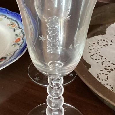 Sale Photo Thumbnail #231: Etched glass wine goblet with star pattern img 3549