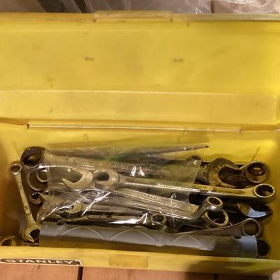 Sale Photo Thumbnail #65: Stanley yellow tool box with wrenches img 3489
