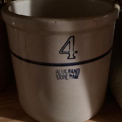 Sale Photo Thumbnail #102: Blue band stoneware crock