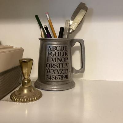 Sale Photo Thumbnail #100: Alphabet inscription pewter mug brass candle holder img 3403