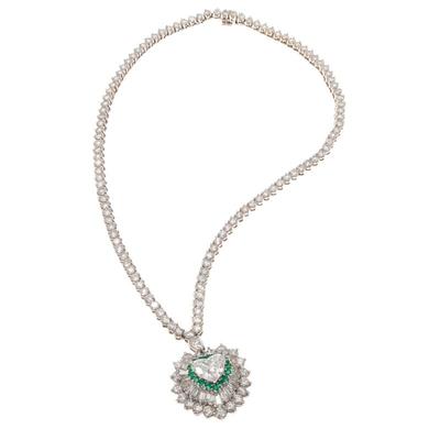 Sale Photo Thumbnail #5: Diamond, Emerald, 14k White Gold Necklace