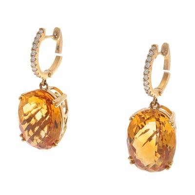 Pair of Citrine, Diamond, 14k Yellow Gold Earrings