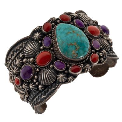 Sale Photo Thumbnail #57: Navajo Turquoise, Coral, Sugilite, Sterling Cuff, Darryl Becenti