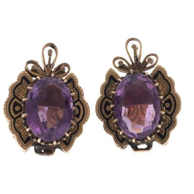 Pair of Victorian-Style, Amethyst, Enamel, 14k Earrings