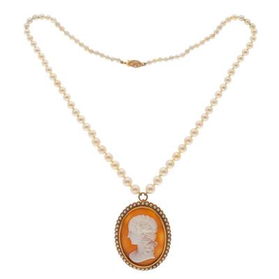 Cameo, Cultured Pearl, 14k Yellow Gold Necklace