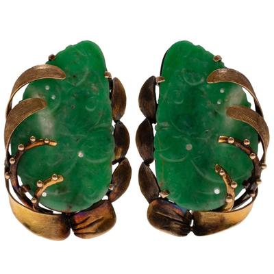 Sale Photo Thumbnail #43: Pair of Jadeite Jade, 14k Yellow Gold Ear Clips