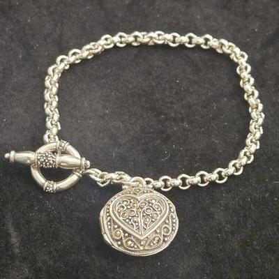 Sterling Silver Toggle Bracelet w/Heart Locket