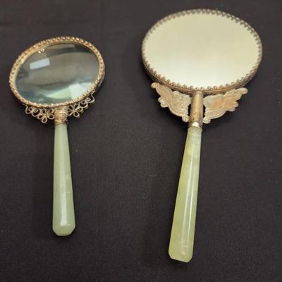 Hand Mirror & Magnifying Glass w/Natural Stone Handles